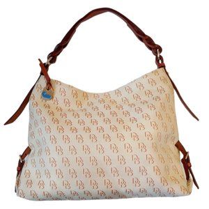 Dooney & Bourke Signature DB Logo Cream Canvas Braided Leather Shoulder Handbag